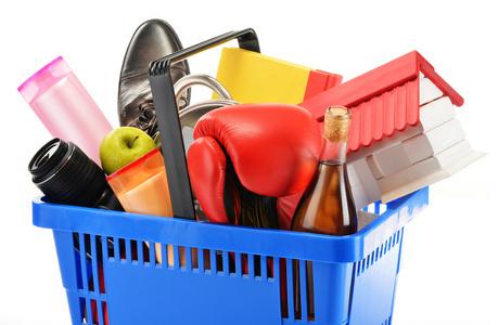 的消费产品各种塑料购物篮孤立的消费产品用于网上购物的平面设计图标